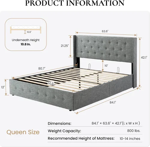 Vista 2 de SHA CERLIN Marco de cama tamaño queen con almacenamiento abatible, cabecero acolchado con botones, plataforma tapizada, almacenamiento hidráulico