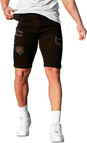 GINGTTO Pantalones cortos de mezclilla rasgados ajustados para hombre Negro desgarrado