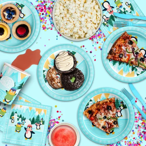 Vista 6 de Juego de suministros para fiesta de cumpleaños de pingüinos, platos, servilletas, vasos, vajilla para 16