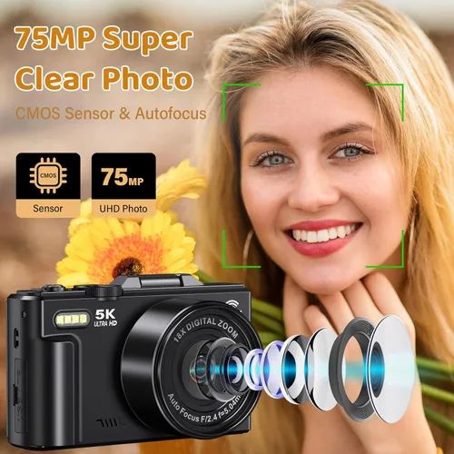 Vista 2 de Cámara digital 5K, cámaras WiFi para fotografía, cámaras de vlogging UHD de 75 MP para YouTube, cámara de video de enfoque automático con pantalla