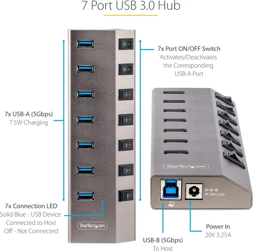 Vista 3 de StarTech Hub USB C autoalimentado de 7 puertos con interruptores individuales de encendido/apagado, concentrador de expansión USB 3.0 (5Gbps)