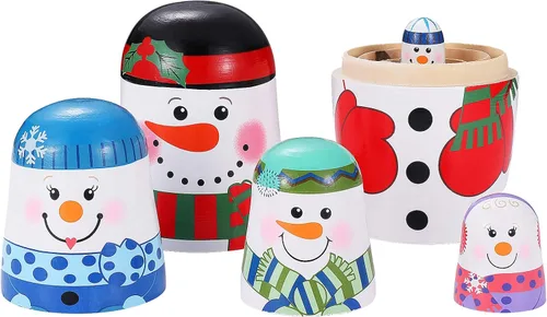 Vista 4 de Muñecos de nieve de madera para anidar 5 capas Matryoshka ruso juguete apilable Navidad decoración del hogar niños 2.55 pulgadas
