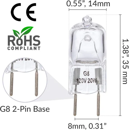Vista 2 de Simba Lighting Bombilla halógena G8 T4 20W JCD Bi-Pin (paquete de 10) más corta de 1-3/8" (1.38") de longitud para luces de disco debajo