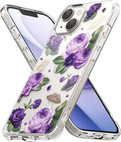 Vista 10 de Ringke Fusion Design - Funda compatible con iPhone 14 Plus de 6.7 pulgadas, parte trasera dura transparente con diseño de flores, a prueba