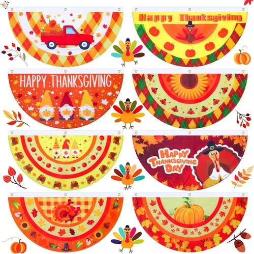 8 banderines plisados de Acción de Gracias para exteriores, diseño de calabaza, pavo, banderines de otoño con cabecera de lona y ojales de metal,