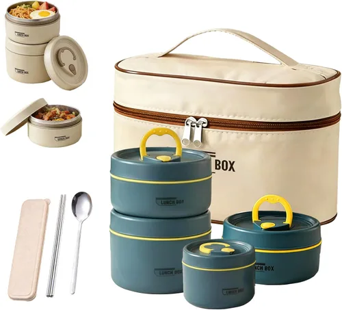 Vista 12 de Juego de recipientes de almuerzo aislados de 4 niveles, caja Bento apilable de acero inoxidable con bolsa de almuerzo aislada, recipientes