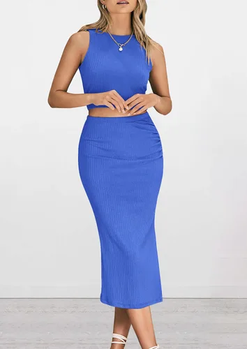Vista 3 de PRETTYGARDEN Conjunto de 2 piezas de verano para mujer, cuello redondo, sin mangas, con abertura, falda midi