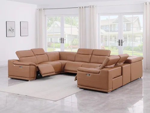 Vista 388 de BlackJack Furniture Venice - Sofá modular de cuero italiano de grano superior de 5 piezas con 3 reclinables eléctricos, reposacabezas ajustable