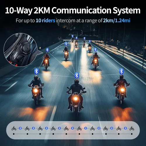 Vista 4 de Auriculares Bluetooth para Casco de Motocicleta, Sistema de Comunicación de Casco de 2KM de 10 Vías, Intercomunicador de Audio Multitarea