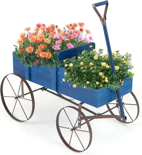 Giantex Maceta decorativa para jardín, carrito pequeño con ruedas de metal, camas elevadas de madera, soporte para macetas para patio trasero,
