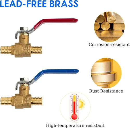 Vista 4 de Hourleey Válvula de bola de cierre de puerto completo Pex de latón de 1/2 pulgada (1/2 pulgada) caliente y frío, cuarto de vuelta caliente (rojo)