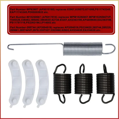Vista 6 de 3 resortes de suspensión WP63907, 1 resorte de equilibrio de contrapeso W10250667, 3 piezas 285744, kit de lavadora compatible con Kenmore Whirlpool