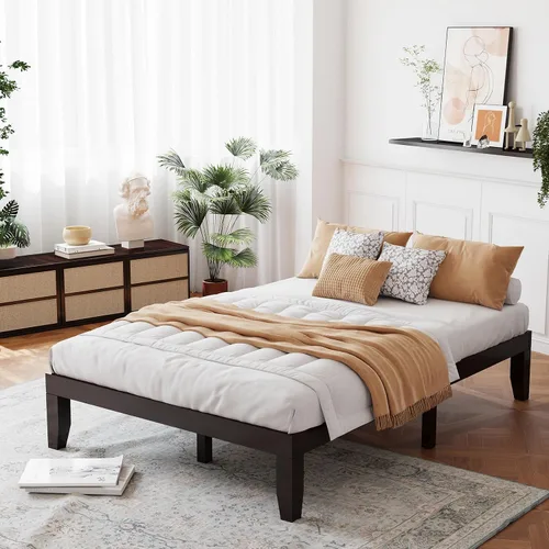 Vista 16 de Giantex Base de cama de plataforma de madera Queen de 14 pulgadas, base de colchón de estilo minimalista con madera de goma maciza, soporte