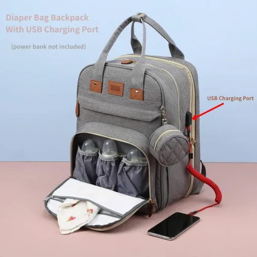Vista 3 de Mochila para pañales, bolsa de pañales para bebé con cambiador, bolsa de viaje multifuncional, impermeable, de gran capacidad con puerto de carga