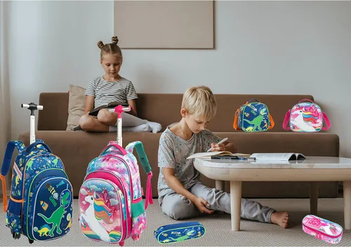 Vista 7 de Egchescebo Mochila con ruedas para niños, 3 unidades, con ruedas, carrito con ruedas, Azul-konglong, Mochilas de viaje