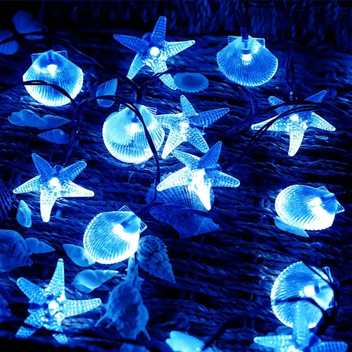 Vista 7 de Luces solares de estrella de mar, impermeables, de 15.7 pies, 20 luces LED de noche con estrellas de mar y océano, mar, mundo, luces de noche