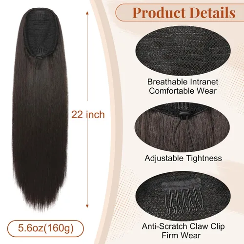 Vista 3 de Flufymooz Extensión de cola de caballo, cola de caballo recta de 22 pulgadas de largo, cola de caballo sintética, cola de caballo falsa, extensiones