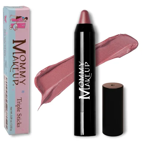 Mommy Makeup Triple Sticks Lápiz labial, rubor crema y tratamiento todo en uno | Moisturizing & Hydrating Lip Crayon with Shea & Cocoa Butter, Soft