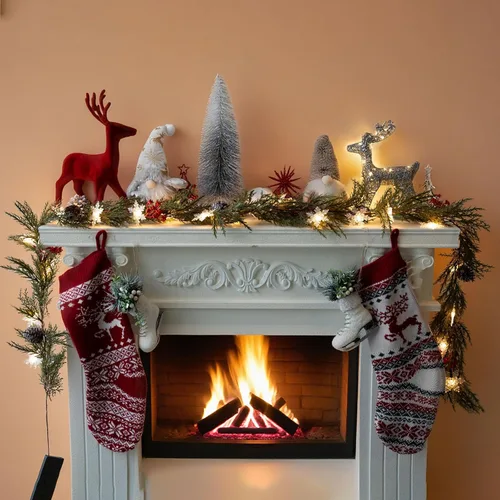 Vista 6 de Guirnalda de Navidad con luces de 6.5 pies, 20 LED de nieve, guirnalda de pino con luces, funciona con pilas, con bayas rojas, conos de pino