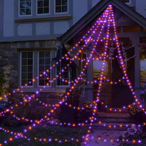 Vista 11 de Luces LED de telaraña para decoraciones de Halloween al aire libre, 616 LED, 8 modos de iluminación, red gigante iluminada de 16.4 pies