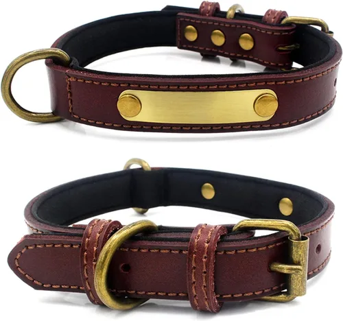 Vista 2 de Yonsbox Juego de collar y correa de cuero personalizado para perro con placa de nombre acolchada suave grabada, collares de perro marrón ajustables
