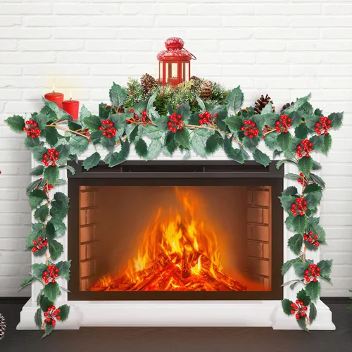 Vista 7 de Xinnun 1 guirnalda de acebo de Navidad con bayas artificiales para interiores y exteriores, decoración rústica para colgar en decoración navideña