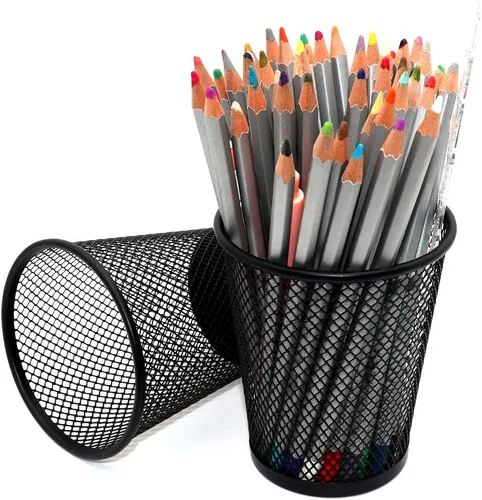 Vista 2 de SLSON 4 Pack Pen Holder Metal Mesh Pencil Holders Round Shaped Pen Holders for Desk Office Wire Mesh Container Pen Organizer,Black