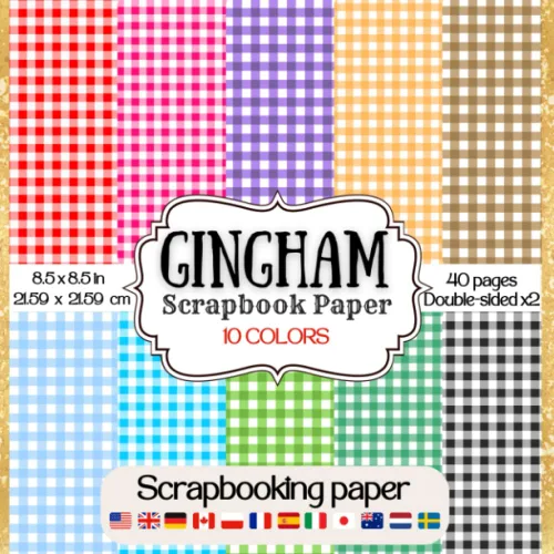 Gingham Scrapbook Paper Collection of double sided decorative red, black and white, blue, pink, yellow, brown, purple, and green gingham print ...