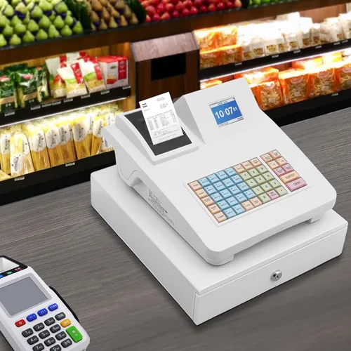 Vista 2 de Cajas registradoras, caja registradora electrónica de 48 llaves con pantalla LED, cajón e impresión térmica, caja de registro rectangular sistema