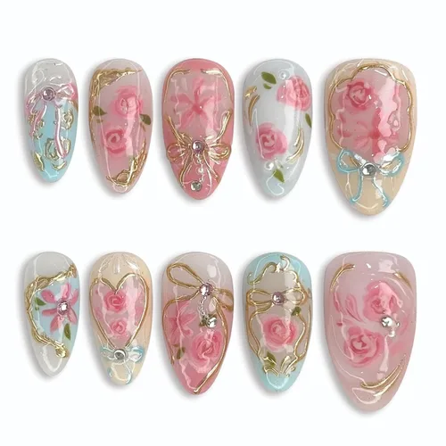 Vista 36 de Uñas postizas a presión en forma de almendra, uñas falsas medianas con diseños de arcos 3D, perlas y strass, puntas francesas, uñas a presión