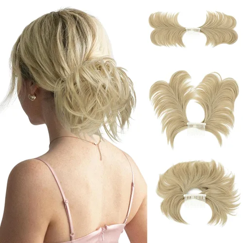 Vista 25 de Peine de moño desordenado con clip lateral para mujer, corto, natural, lacio, versátil, ajustable, fácil de peinar, (rubio ceniza-C)