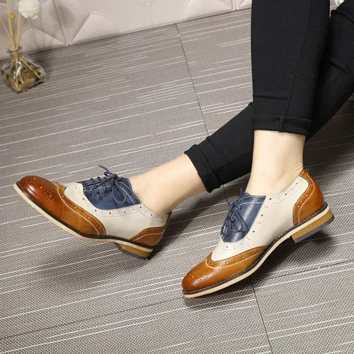Vista 5 de Mona flying Zapatos de cuero perforados con cordones Oxfords Brogue Wingtip Derby para mujer