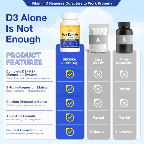 Vista 4 de UBIOSKA Vitamina D3 K2 Suplemento de magnesio – 5000 UI D3 + MK-7 K2 con 8 formas de magnesio (glicinato, taurato, malato) para un sueño tranquilo