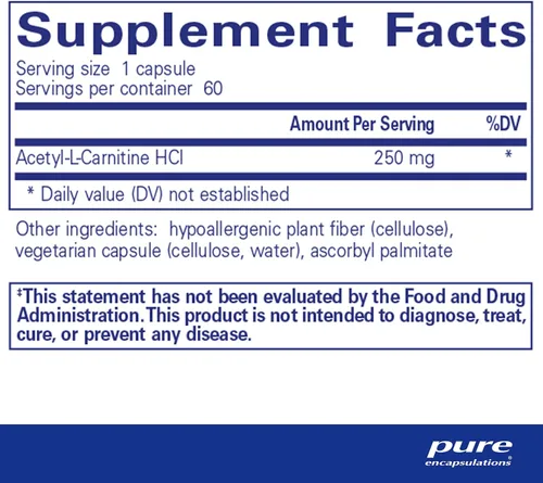 Vista 2 de Pure Encapsulations Acetil-l-Carnitina 250 mg Suplemento de memoria para el cerebro, la concentración y la calma* 60 cápsulas