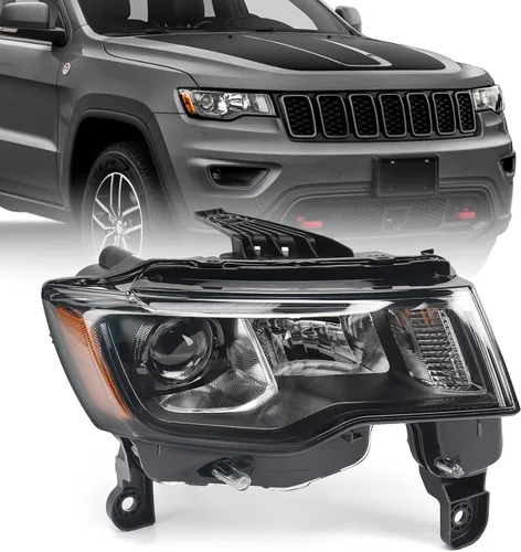 Vista 10 de FIONE - Para Jeep Grand Cherokee Conjunto de Faros Delanteros 2017 2018 2019 2020 2021 [Modelo Halógeno] Carcasa Negra Faros Proyectores Cabeza