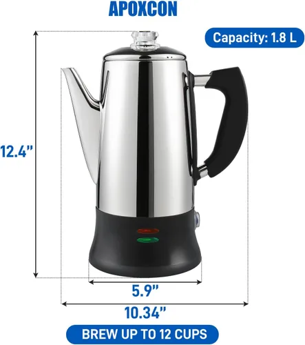 Vista 2 de APOXCON Cafetera Eléctrica de Percolación de Acero Inoxidable con Cuerpo de Vidrio Resistente al Calor, Botón de Progresión de Preparación