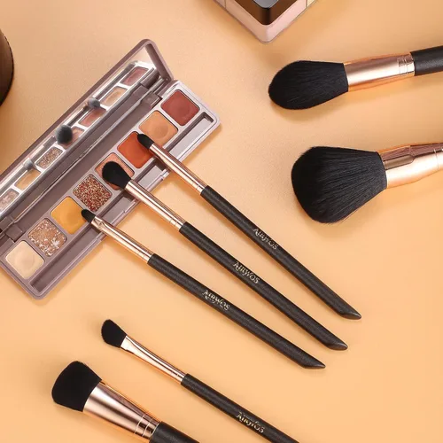 Vista 6 de AirWos® Juego de 14 brochas de maquillaje profesional con estuche, base sintética, polvo, sombra de ojos, brochas correctoras con asas de perlas
