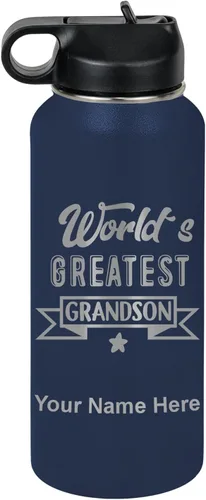 Vista 69 de LaserGram Personalized Water Bottle, World's Greatest Grandson, Stainless Steel Double Wall Vacuum Insulated with Flip Top Straw, Custom Engraved