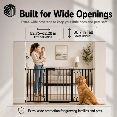Vista 2 de Extra Wide Baby Gate, Fits 52.7–62.2 in Openings, Sturdy & No Drill Negro con puerta para mascotas