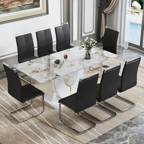 Vista 95 de JUFU Juego de mesa de comedor moderno para 4, juego de mesa de cocina rectangular de 63 pulgadas con mesa de mármol sintético y 4 sillas tapizadas