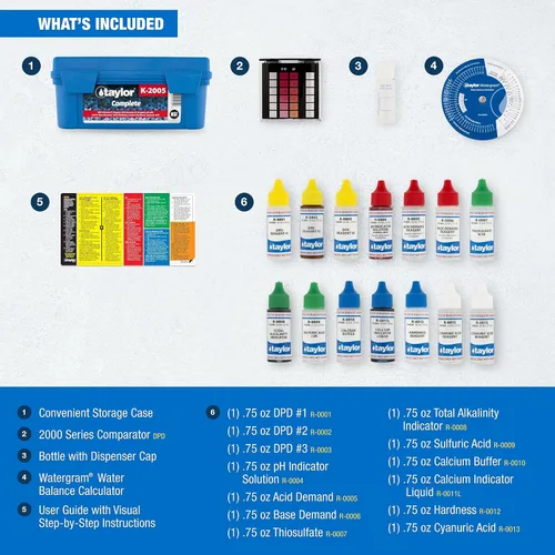 Vista 4 de Kit de prueba DP de cloro total y libre de piscina, bromo, alcalinidad, calcio, dureza base y demanda ácida, pH, Taylor K2005 de alto rango