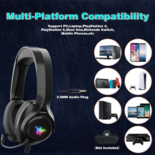 Vista 6 de Auriculares para juegos con micrófono para Playstation 5, doble haz de cabeza suspendido, suave memoria orejeras 7.1 sonido envolvente con cable