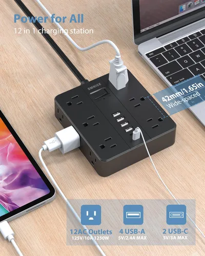 Vista 3 de Regleta de alimentación de enchufe plano con 12 salidas 6 USB (2 USB C), estación de carga con protector de subida de tensión SMNICE con protección