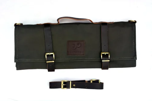 Vista 8 de EVERPRIDE Impresionante bolsa de lona encerada en verde oscuro intenso con ribete de cuero genuino. Bolsa de rollo de cuchillo de chef profesional
