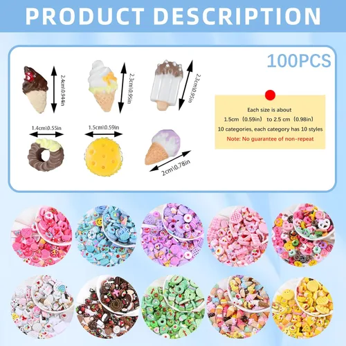 Vista 2 de 100 piezas de dijes de baba surtidos, BOSOIRSOU lindos caramelos, frutas dulces y donas, dijes adornos de resina con parte posterior plana