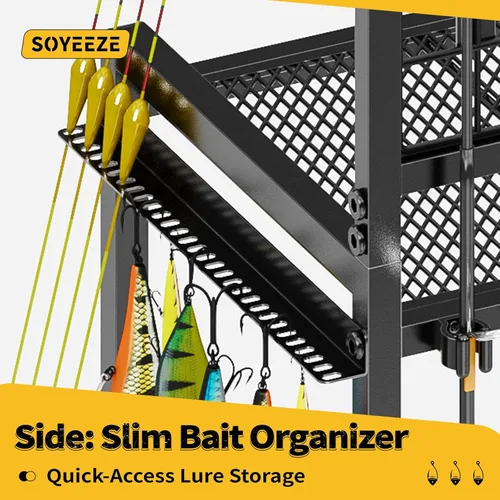 Vista 5 de SOYEEZE Soportes para cañas de pescar de gran tamaño para garaje, estante para cañas de pescar de servicio pesado de 3 niveles con tablero perforado