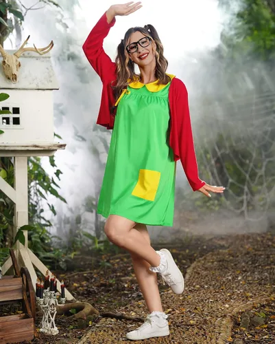 Vista 4 de Clarisbelle Disfraz de cosplay de Halloween para mujer, vestido verde con cárdigan rojo