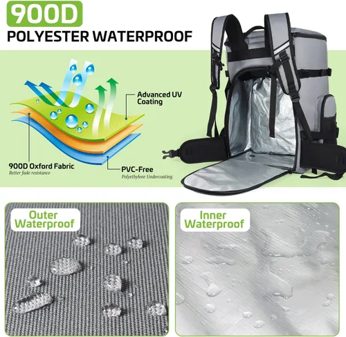 Vista 6 de Mochila para botas de esquí de 60 L, bolsa impermeable 900D para botas de snowboard, bolsa combinada de esquís y snowboard, bolsa de viaje