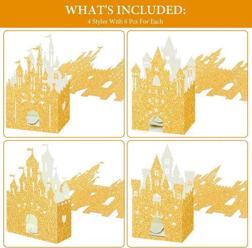 Vista 3 de Chrisfall 24 cajas de dulces de castillo de princesa con purpurina, decoración de fiesta de castillo de princesa, cajas de regalo de cumpleaños