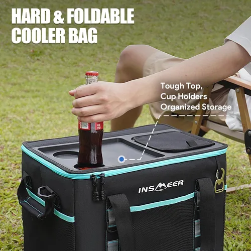 Vista 3 de INSMEER Soft Cooler Bag with Hard Shell & 2 Cup Holders, Portable 40L/70 Cans Collapsible Cooler Bags Insulated with Leakproof for Travel, ice